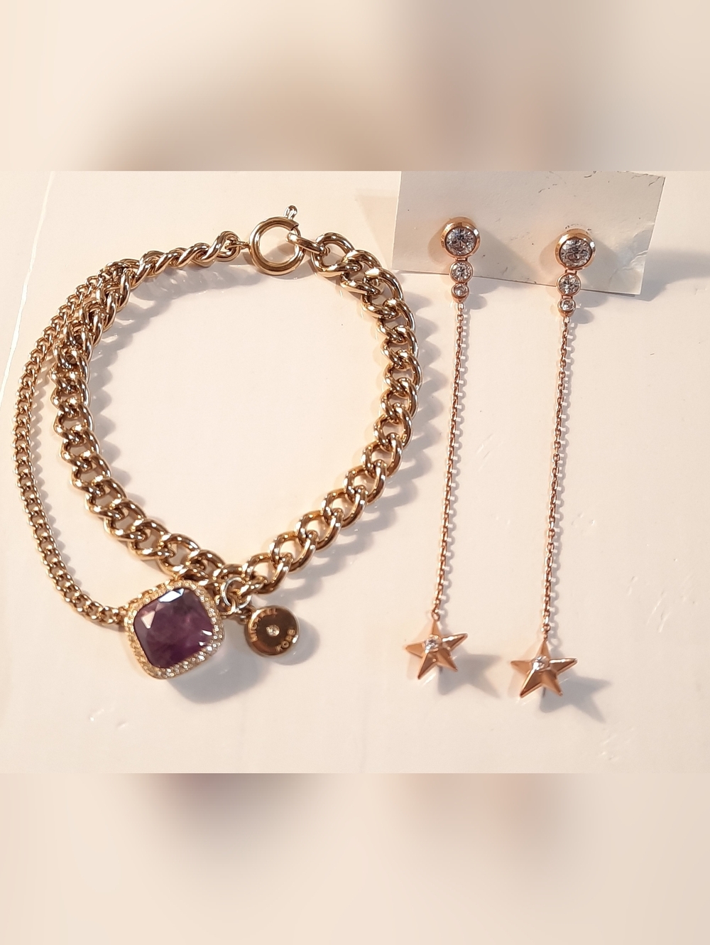 MICHAEL KORS Rozgold Earings And Gold Bracelwt With Amethust And Diamonds Stones